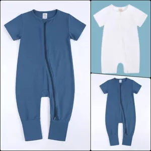 3-Set BABY ROMPER-SLEEPER Short Sleeve Double Zipper Cotton Blue White Boy 4size - Picture 1 of 24