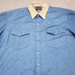Plains Western Wear Shirt Mens XL Blue Denim Short Sleeve Pearl Snap Cowboy - Picture 1 of 8