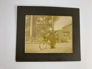 VINTAGE BLACK & WHITE/SEPIA TONE MOUNTED PHOTOGRAPH OF BLACKSMITH & BICYCLE - Picture 1 of 8