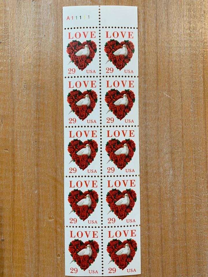US Stamps SC# 2841a Love Dove 29c Bklt. Pane of 10 P# A11111 MNH 1994 - Image 1 of 1