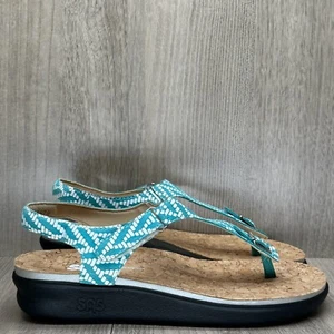 SAS Sandals Womens 6.5M Marina T-Strap Herringbone Ankle Strap Leather Blue - Picture 1 of 12