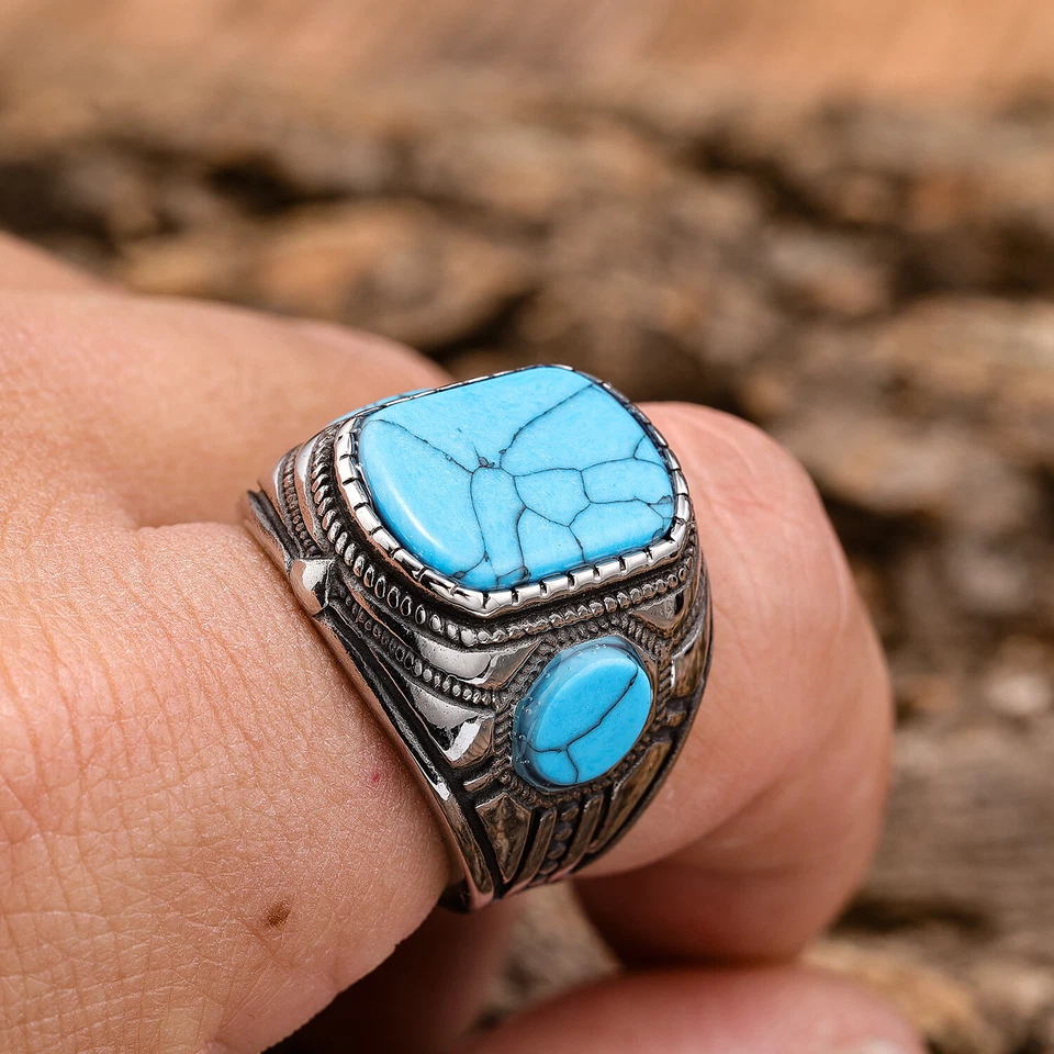 Mens Jewelry 316l stainless steel Oval blue turquoise men ring stone Size 7-15 Foto 1 de 1