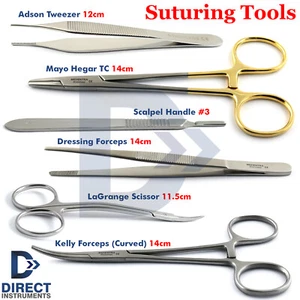 6Pcs Surgical Suturing Instruments Kit Tissue Thumb Forceps Suture Needle Holder - Picture 1 of 7