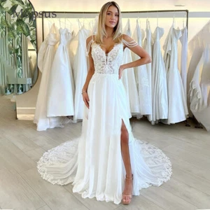 Beach Chiffon Wedding Dresses with Slit Lace V Neck Backless A Line Bridal Gowns - Picture 1 of 10