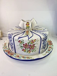Ceramic Handpainted Cake Stand Plate With Lid Portuguese Country Kitchen - Picture 1 of 12