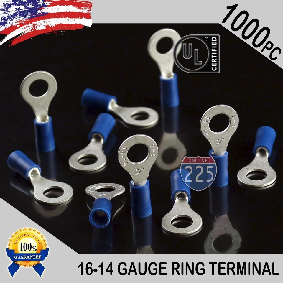 225FWY 1000 PACK 16-14 Gauge 5/16" Stud Insulated Vinyl Ring Terminals Tin Copper Core