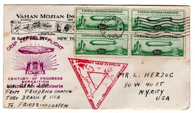 C18 Century of Progress 50c Zeppelin FDC 1933 NY to Brazil Vahan Mozian Dealer - Image 1 of 3