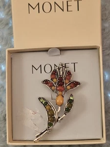 Beautiful Vintage Silvertone Flower Monet Brooch with Multicolor Stones With Box - Picture 1 of 9