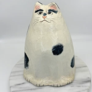 Paper Mache Cat Figure White with Spots Folk Art Papier Mâché 10in - Picture 1 of 17