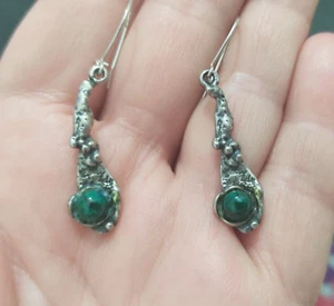 Russian Vintage Handmade 925 Sterling Silver Malachite Dangle/Drop Earrings Gift - Picture 1 of 1
