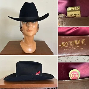 1950s Bandera Western Fort Worth Texas 3x Quality 6 7/8 Black Cowboy Hat 50s Vtg - Picture 1 of 23