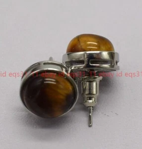 Genuine 12mm Yellow Tiger's Eye Round Gemstone Round Beads Stud Earrings - Picture 1 of 12