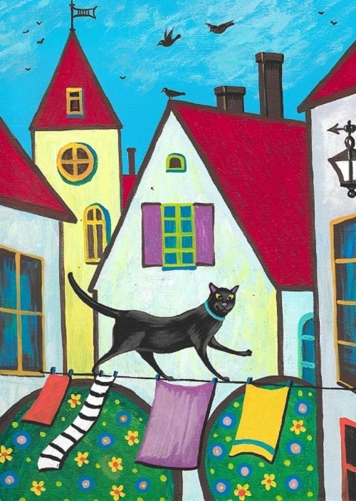 ACEO PRINT OF PAINTING RYTA VINTAGE STYLE ABSTRACT FOLK ART BLACK CAT CITYSCAPE  - Image 1 of 1