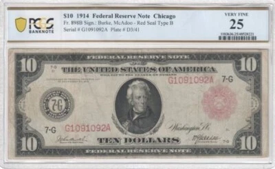 US 1914 $10 Federal Reserve Note, Chicago Red Seal Type B;  FR 898B, PCGS VF 25 - Image 1 of 2