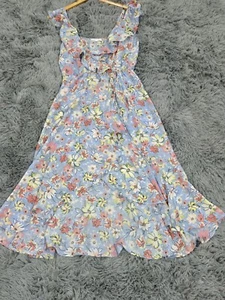 Socialite Kleid Damen mittelblau Blumen Kurzarm Rüschen Midi Landhaus - Bild 1 von 7