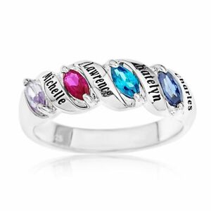 Mother's Family Ring 925 Silver Engraved Keepsake Any 4 Names and 4 Birthstones