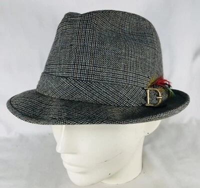 De Colección Hopkins Fifth Avenue Fedora Sombrero Gris Tweed Hebilla a Cuadros Acento Clásico Foto 1 de 4