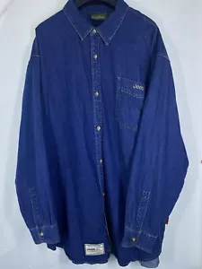 VTG Jeep Shirt Mens 2XL Solid Blue Denim Long Sleeve Button Up Logo Cars Cowboy - Picture 1 of 12