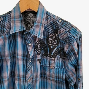 Roar Camicia Uomo XL Blu Grigio Plaid Ricamato Manica Lunga Cerniera a Scatto Perla - Foto 1 di 7