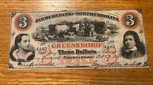 1861 Farmers Bank of North Carolina at Greensboro $3 Banknote , VF - Picture 1 of 4