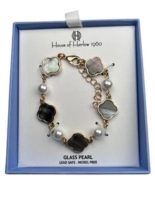 House of Harlow 1960 Glass & Faux Pearl Gold Tone Bracelet NIB New in Box - Picture 1 of 11
