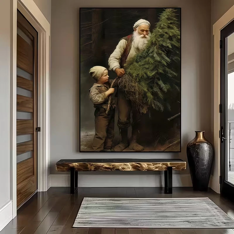 Vintage Christmas Canvas Wall Art Father and Son Carrying Christmas Tree Artwork