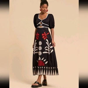 Nuevo Maxi Vestido Travachic Negro, Blanco y Rojo Tropical Verano Recorte Midi talla L - Imagen 1 de 8