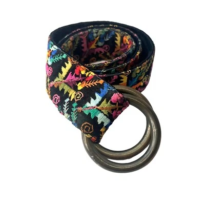 Embroidered Velvet Brass Belt Hippy Boho Groovy Belt Size SMALL 70s 80s Groovy - Image 1 of 4