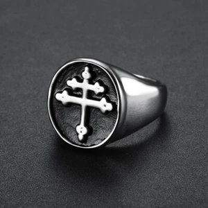 Silver Black Lorraine Cross Signet Ring Stainless Steel French Cross Punk Ring - Picture 1 of 3