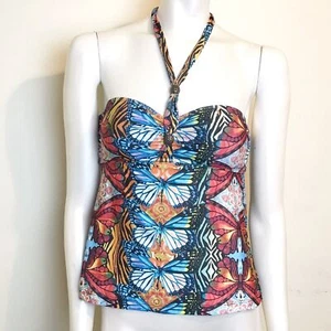 Becca Halter Swim Top Tankini Size 4 Multicolor Butterfly Print Boho Fairy - Picture 1 of 6