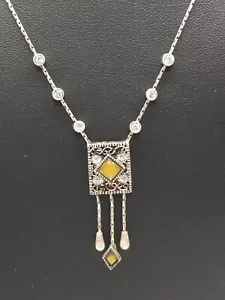 1928 Silvertone Clear Crystals Yellow Opalescent Stones Pendant Necklace - Picture 1 of 8