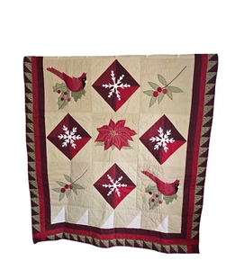 Cardinal Poinsettia Holly Snowflake Christmas Quilt 52 x 64 Red Green Tan Winter - Picture 1 of 13