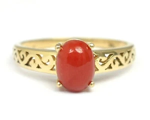 Natural Red Coral 8x6 MM Gemstone May Birthstone 14K Solid Gold Engagement Ring - Picture 1 of 9