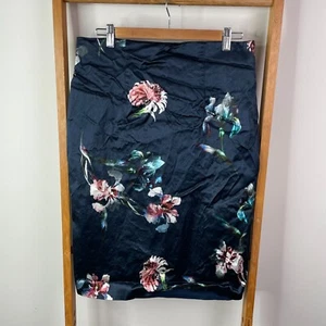Cue Pencil Skirt Womens 14 Navy Blue Floral Satin Knee Length Lined Career - Picture 1 of 9