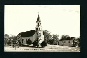 Waterville Minnesota MN c1939 RPPC Old Wooden Catholic Church on Hill, Grotto - Picture 1 of 2