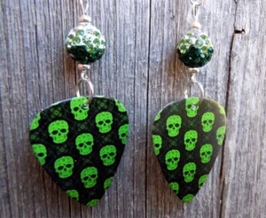 Bright Green Skull Guitar Pick Earrings with Green Ombre Pave Beads - Picture 1 of 3