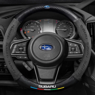 15"/38cm Black Suede Leather Carbon Fiber Car Steering Wheel Cover For Subaru Foto 1 de 4