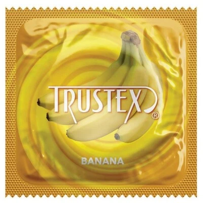 Condones de látex a granel lubricados con sabor a plátano Trustex + estuche de bolsillo plateado Foto 1 de 4