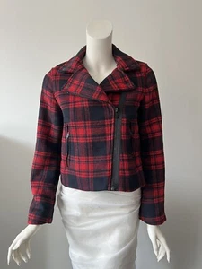 Gap Red Black Buffalo Plaid Wool Polyester Zip Front Moto Biker Jacket XS - Picture 1 of 9