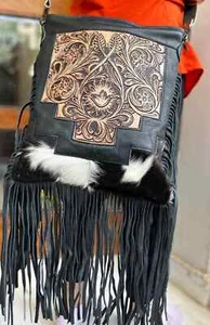 Crossbody Western Boho Bag Hand Tooled Leath Colorful Floral fringes - Picture 1 of 5