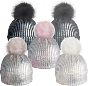Ladies Metallic Knitted Ski Hat with Large Faux Fur Pom Pom RockJock Xmas Gift - Picture 1 of 1
