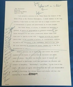 Notas de discurso John F. Kennedy 1962 Premio Nobel cena cuarentena comunicado de prensa - Imagen 1 de 9