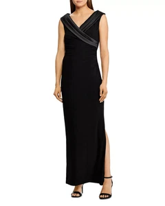 Lauren by Ralph Lauren Women Satin Portrait Collar Ruched Gown Black Size 8 - Picture 1 of 4