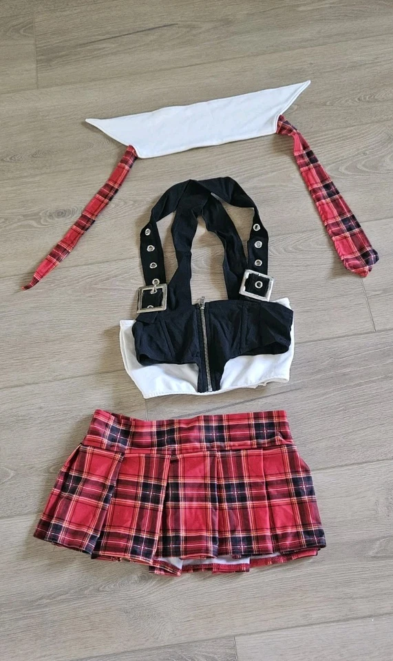 Sexy School Girl Y2k Cosplay Costume, Plaid Skirt, Top, Scarf, USA, JValentine  - Image 1 of 4