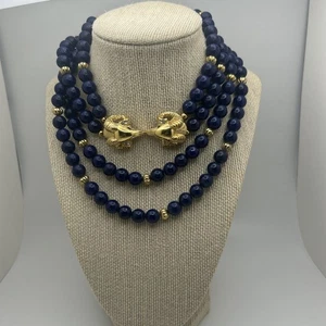 Vintage KJL Avon 2 Strang Marineblau Perlen Halskette Goldfarben WIDDERKOPF Verschluss 30",5" - Bild 1 von 12