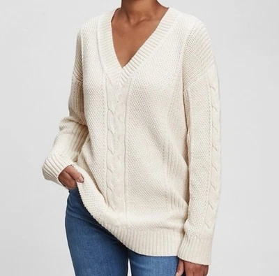 Suéter tejido con cable GAP para mujer talla M alto marfil algodón clásico túnica de pescador Foto 1 de 4