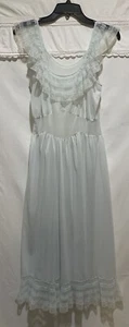 ❤️Vintage 1940s 50s Nightgown Small Sheer Pleated Ruffle Hem Blue Nylon Lace - Picture 1 of 14