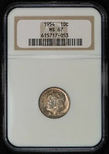 1954 10c SILVER ROOSEVELT DIME, ORIGINAL PASTEL TONING *NGC MS 67* LOT#V301 - Picture 1 of 5