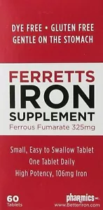 Ferrets Iron Supplement Ferrous Fumarate Tablets High Potency 60 ct Pack of 3 - Picture 1 of 4