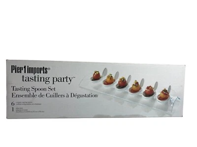 Pier One Imports Tasting Party Hostess Glass 14” Tray 6 White Ceramic Spoon Set - Image 1 of 4